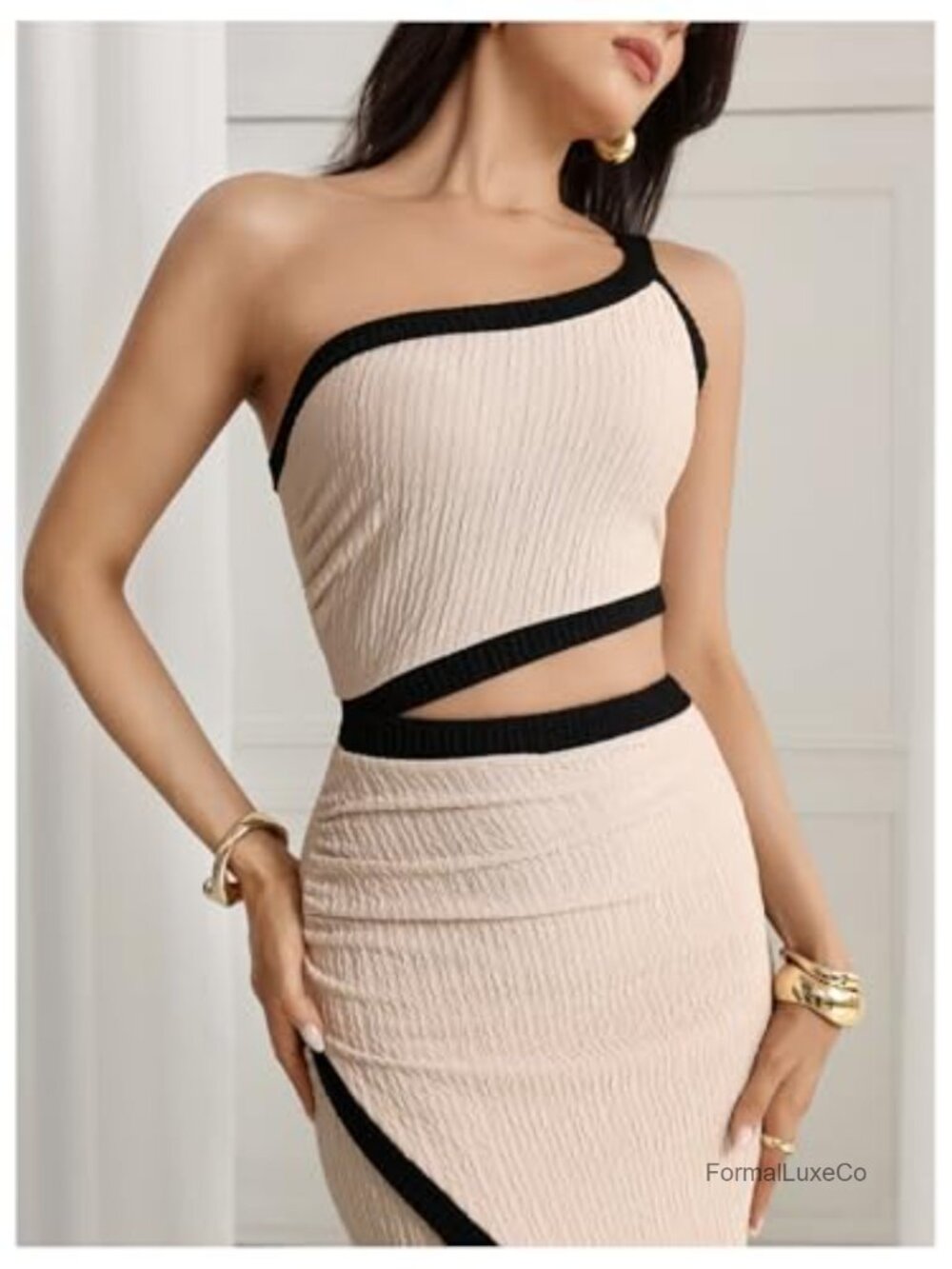 One Shoulder Cut Out Dress Ruched Split Bodycon Evening Long Dress - Picture 3 of 5